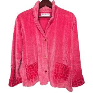 Vtg Norm Thompson Chenille Cardigan Pink/Red Unique Patterned Pockets & Sleeves